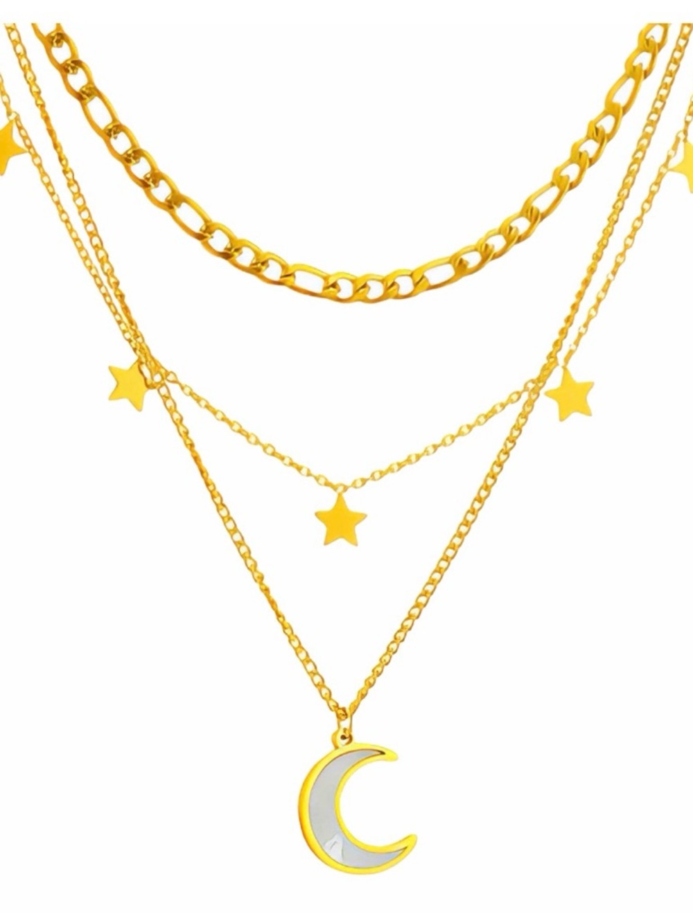 Star & Crescent Moon Layered 18K Gold Plated Stainless Steel Necklace